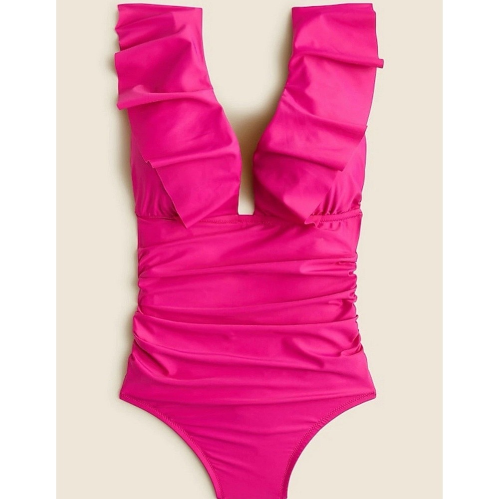 J.Crew NWT Ruched Ruffle One-Piece Swimsuit Fuchsia Pink Beach Summer Size 16‎